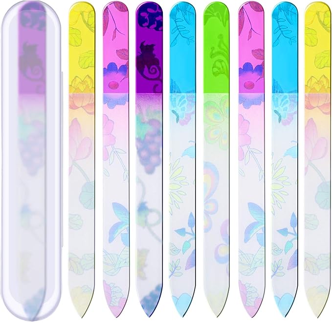 Mudder 8 Pack Glass Nail Files with Cases Double-Sided Crystal Fingernail Files for Natural Nails Colorful Floral Nail Buffers for Professional Manicure Supplies Care Tool Gifts for Women