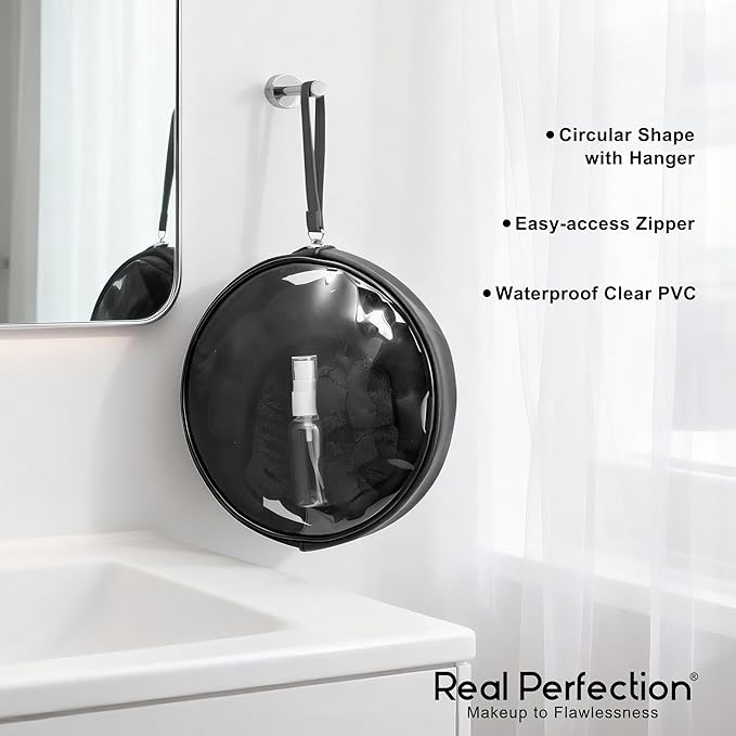 Real Perfection Spa Headband for Washing Face, Skincare Headband Wristband Set for Women, Reusable Machine-Washable Makeup Remover Towel Cloth, 1oz Small Spray Bottle with Travel Makeup Bag - Black