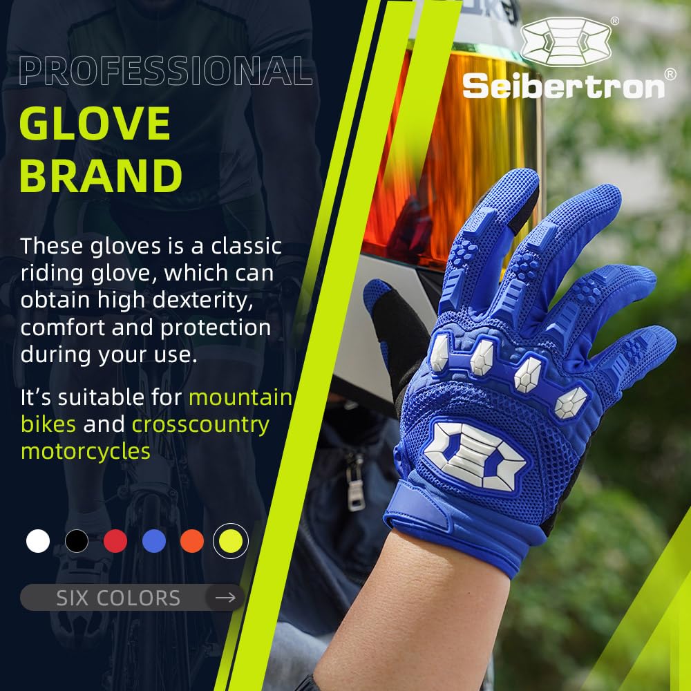 Seibertron Youth Unisex MX ATV MTB Racing Gloves - Full Finger Touchscreen Glove for Bicycle Cycling Mountain Biking Motorcycle and Motocross Blue XS