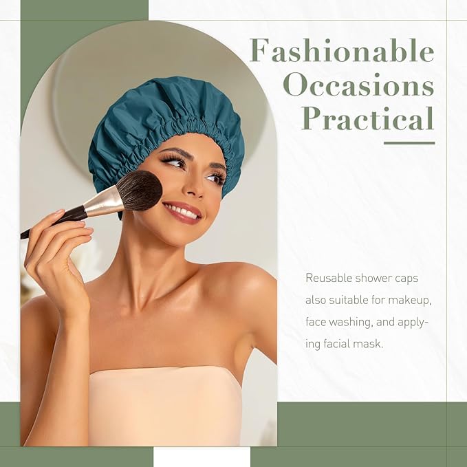 Reusable Shower Cap for Women, Large Waterproof Shower Bonnet with Elastic Band, Washable Bath Hair Cap for Long, Curly Hair, Braids, Daily Shower, Home Spa, Travel(Blue Zircon)
