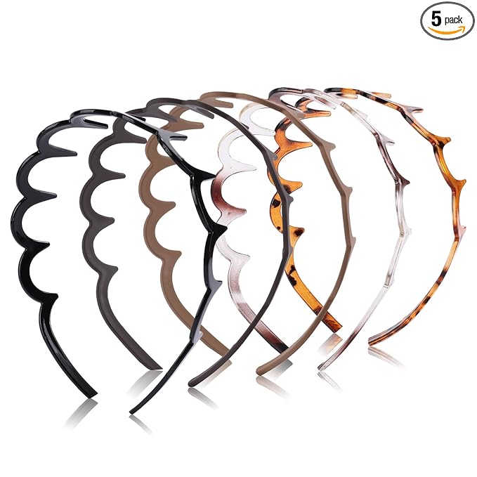 5 Pack Zig Zag Headbands for Women, Non-Slip Wavy Plastic Hair Comb Headbands with Teeth, U-Shape High Cranium Korean Style, Classic 90s Hair Accessories