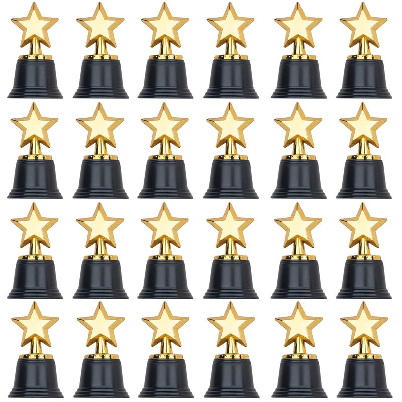24 Pack Mini Star Trophy Awards Bulk (4.5 Inch), Plastic Gold Star Trophies For Halloween Party Favors, Goodie Bags, Kid Classroom School Reward, Sports Tournament Winning Prize, Hollywood Event Props