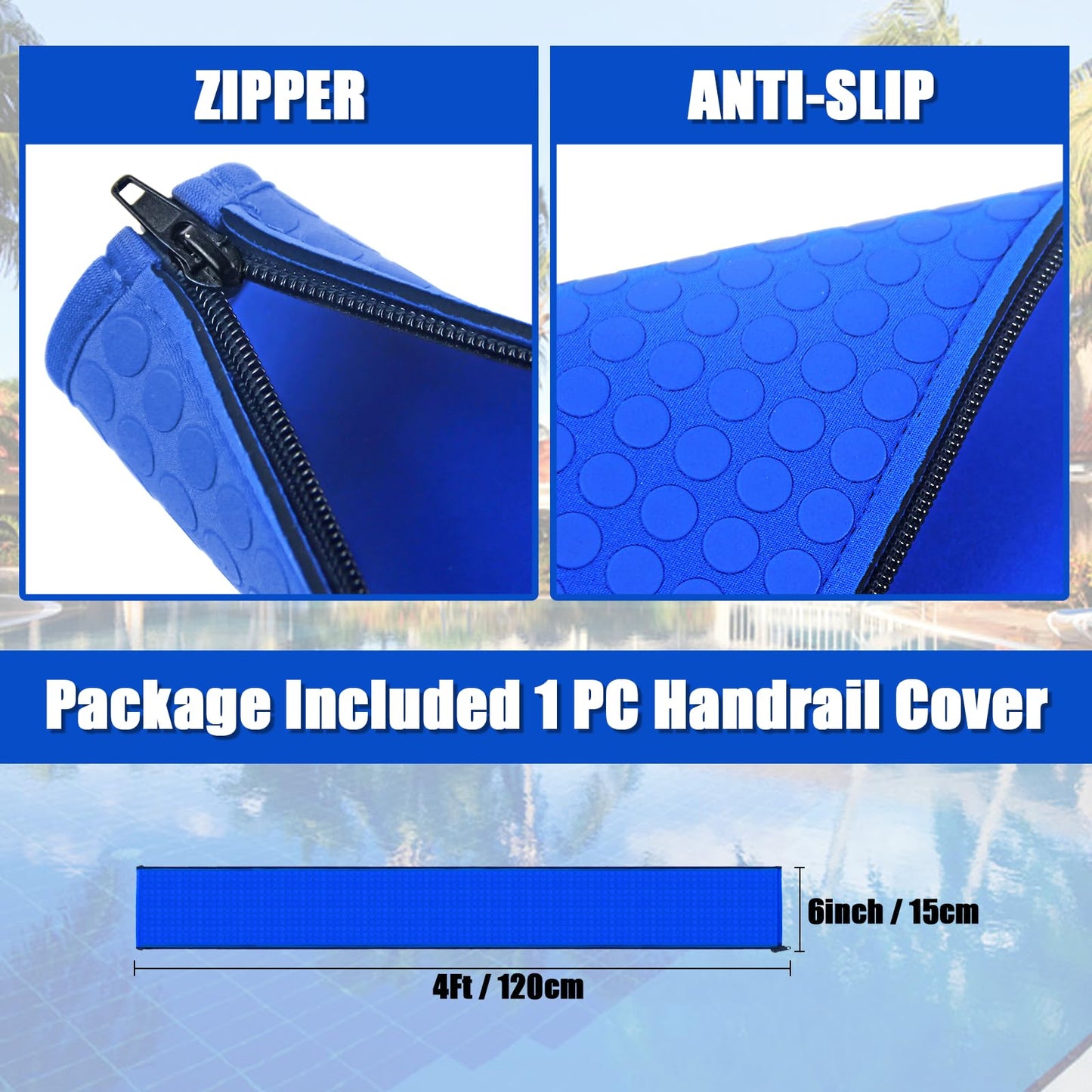 Pool Handrail Covers with Zippers 4 6 8 10 Ft Inground Swimming Pools Hand Rail Cover, Anti-Slip Cool Touch Heat Resistant, Royal Blue, Non Slip Swim Pool Railing Ladder Stair Handle Grip (4 Feet)