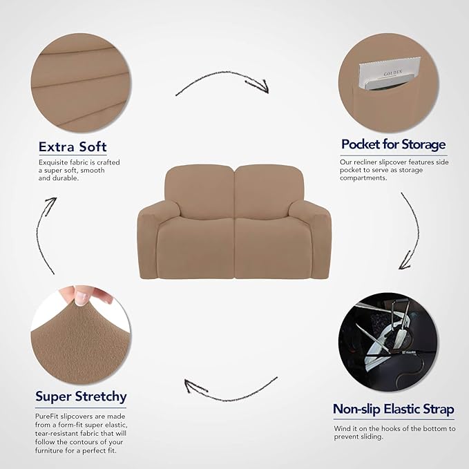PureFit Super Stretch Loveseat Recliner Sofa Couch Cover with Pocket – 2 Seats Non Slip Soft Sofa Slipcover, Washable Reclining Furniture Protector for Kids, Pets (Recliner Loveseat, Camel)