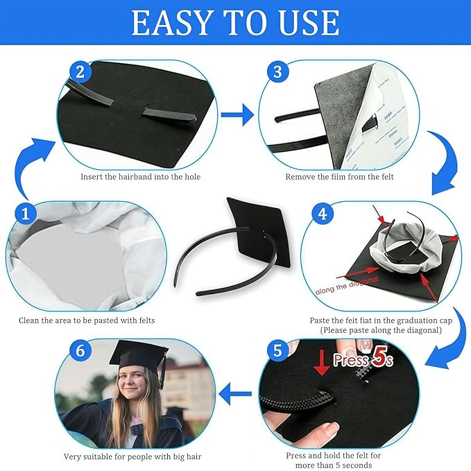 Graduation Cap Headband Insert, Grad Caps Headband Insert, Adjustable, Secures Cap and Keeps Hairstyle, Upgraded Interior Design, Simple and Practical Anti-Fall Hairband for Graduation