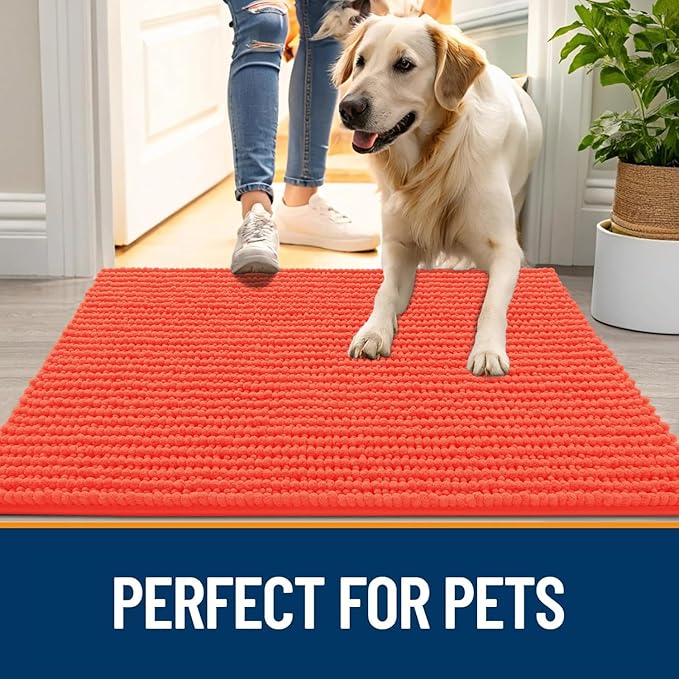 OLANLY Dog Door Mat for Muddy Paws 30x20, Ultra Absorbent Chenille Mud Doormat, Non-Slip Washable and Dirt Trapping Doormat for Indoor Entryway, Quick-Dry Indoor Pet Bed Mats for Dogs, Coral