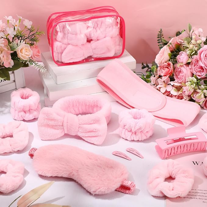16 Pcs Skin Care Headband Set 2 Spa Headband 1 Plush Sleep Eye Mask 4 Skin Care Wristbands 5 Velvet Scrunchies 1 Claw Clip 2 Bangs Clip 1 Cosmetic Bag for Valentine Galentine Spa Gift(Pink)