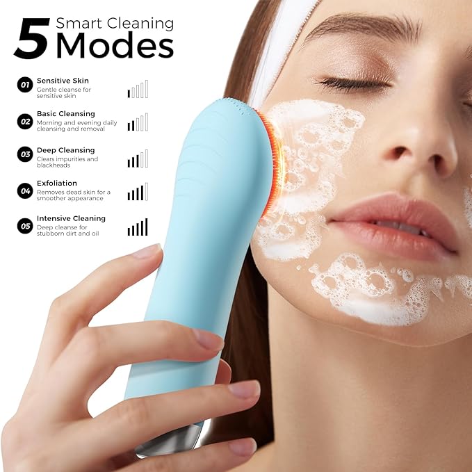 Face Scrubber Facial Cleansing Brush - Waterproof and Rechargeable Face Cleansing Brush with 4 LED Gentle Light, Cleansing, Exfoliating and Massaging, Electric Face Scrub Brush for Men & Women (Blue)