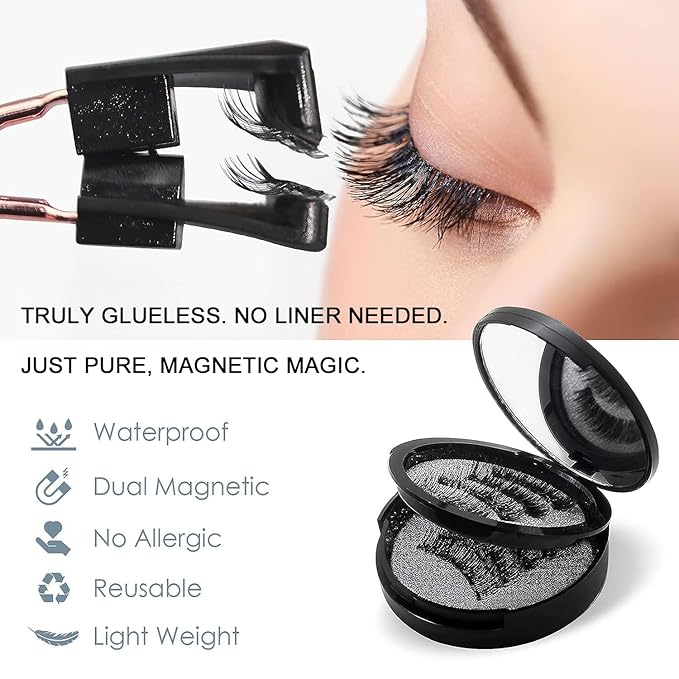 Magnetic Eyelashes with Applicator, 1 Packs (4 Pairs Total), Black Reusable False Lashes, Natural Look, Glue-Free, Lightweight Wear