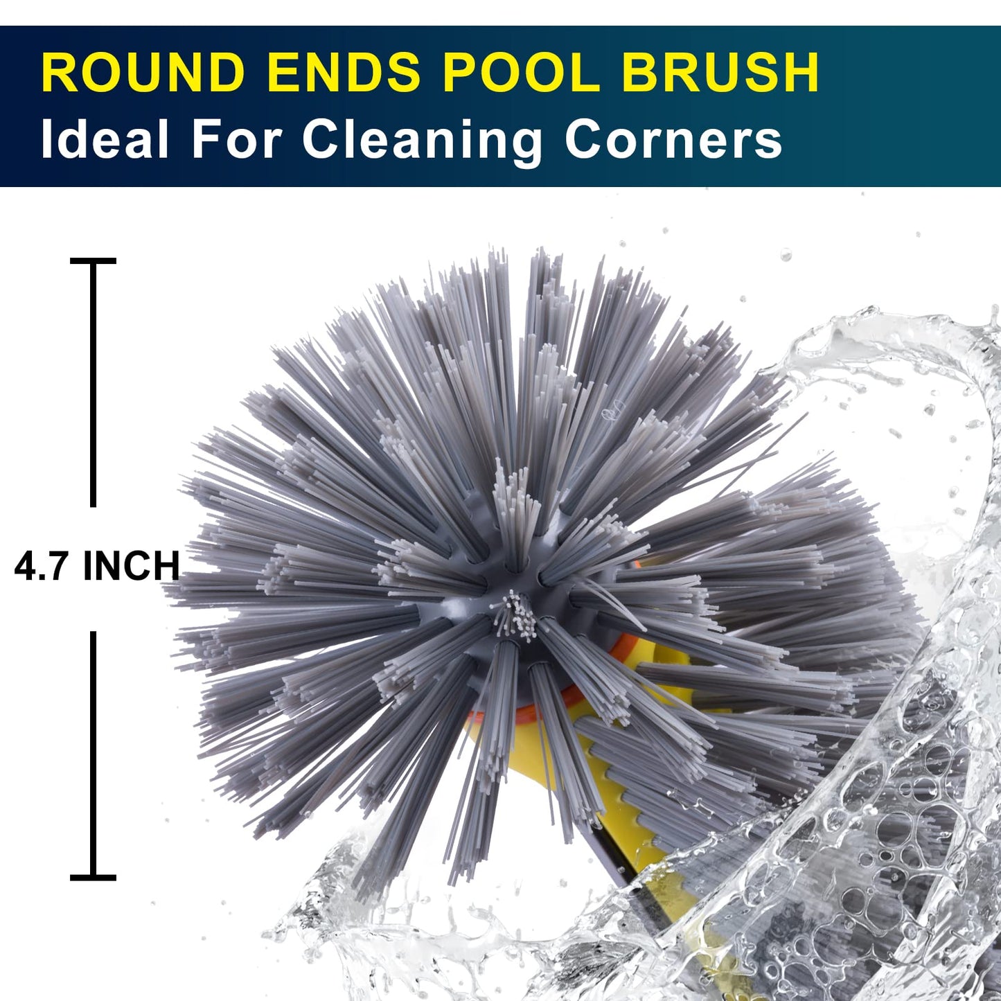 POOLAZA Pool Brush Head with Round Ends, Heavy Duty Pool Brushes for Cleaning Pool Walls, Floors Steps & Corners, 17.5" Pool Brush with Sturdy Aluminum Handle & Durable Nylon Bristles (Yellow)