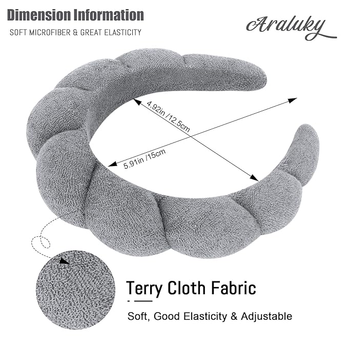 Women's Spa Terry Cloth Headband for Face Washing, Makeup Removal and Hair Care (Grey)