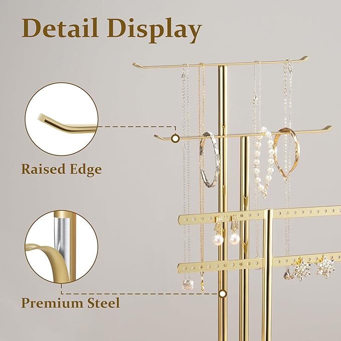 pickpiff Jewelry Stand Holder Organizer: 14.5" Sturdy Hanger for 80 Pcs Jewelry, Jewlery Tower for Display Necklace, Earring, Bracelet, Watch, Mirrored Gold