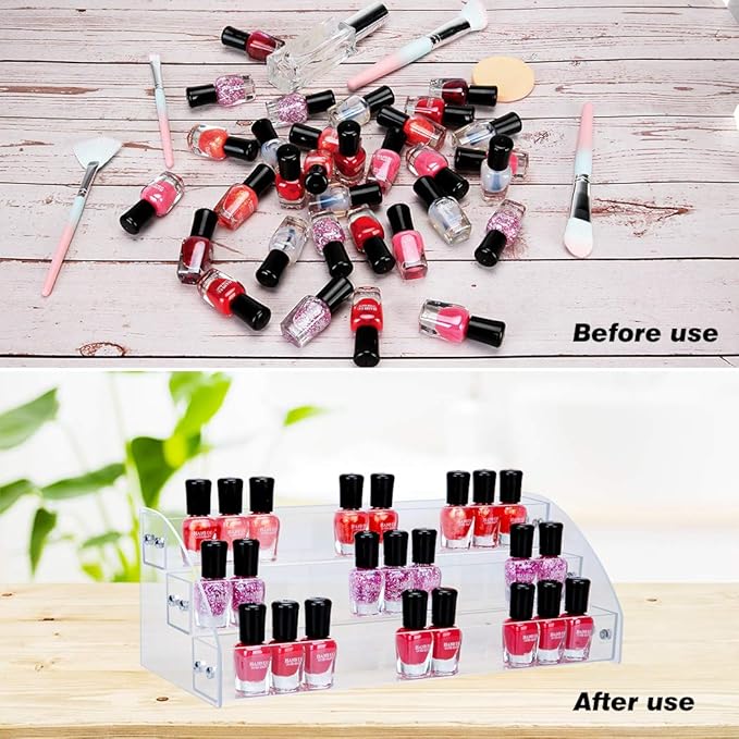 KINGROW Nail Polish Organizer Holder Rack 3 Layers Acrylic Display Rack Eyeglasses Shelf Essential Oils Ink Storage Holds Up to 48 (Fit 1-2oz Bottles)