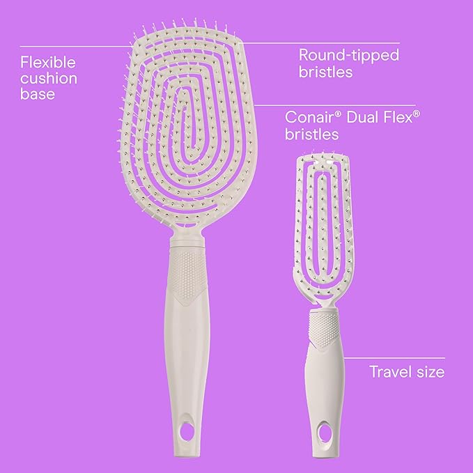 Conair Scalp Care Detangling hairbrush 2pk - Fullsize +Travel Hair Brush - Scalp Massager - hairbrushes for women & men - detangler for all lengths and types - can use wet or dry - Grey Luxe