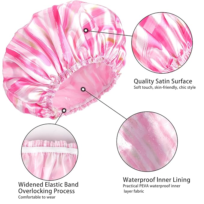 4 PCS Shower Cap for Women, Elastic and Reusable Bath Caps, Double Layers Shower Caps Reusable Waterproof, Bathing Shower Caps, Environmental Bath Hair Protection Cap - Stripes