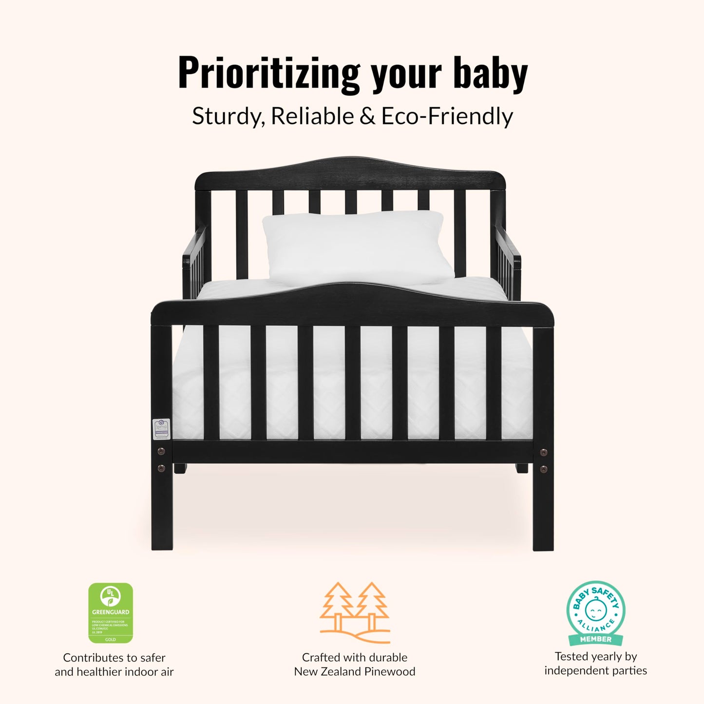 Dream On Me Classic Design Toddler Bed In Black, Greenguard Gold And JPMA Certified, Low To Floor Design, Two Side Safety rails, Non-Toxic Finishes, Wooden Nursery Furniture