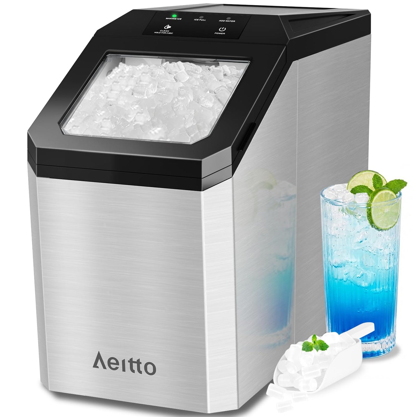 Aeitto Nugget Ice Maker Countertop, 55lbs/Day, Large Capacity Chewable Ice Maker, Rapid Ice Release in 5 Mins, Self-Cleaning with Stainless Steel Housing Ice Machine for Home Office and Party, Silver