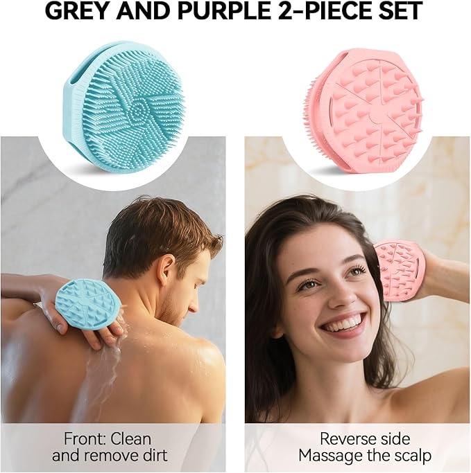 2-Pack Soft Silicone Dual-Sided Body Scrubber & Loofah | Gentle Exfoliating Shower Brush for Men & Women | Creates Rich Lather, Easy to Clean (Pink & Blue)