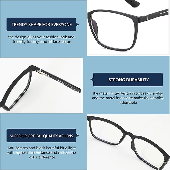 BLUEMOKY Blue Light Reading Glasses for Men???Sport Square Frame Readers, Anti Glare Computer Glasses