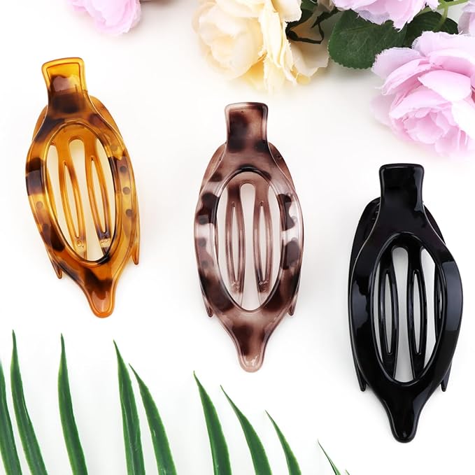 Flat Hair Clips Duckbill Large Claw Clips for Thick Medium Thin Hair 3Pcs Non Slip French Barrettes Alligator Accessories for Women Girls Tortoise Shell Leopard Black
