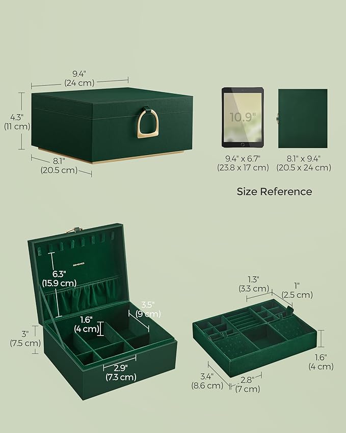 SONGMICS 2-Layer Jewelry Box, Jewelry Organizer with Handle, Removable Jewelry Tray, Jewelry Storage, Floating Effect, 8.1 x 9.4 x 4.3 Inches, Gift Idea, Forest Green UJBC165C01