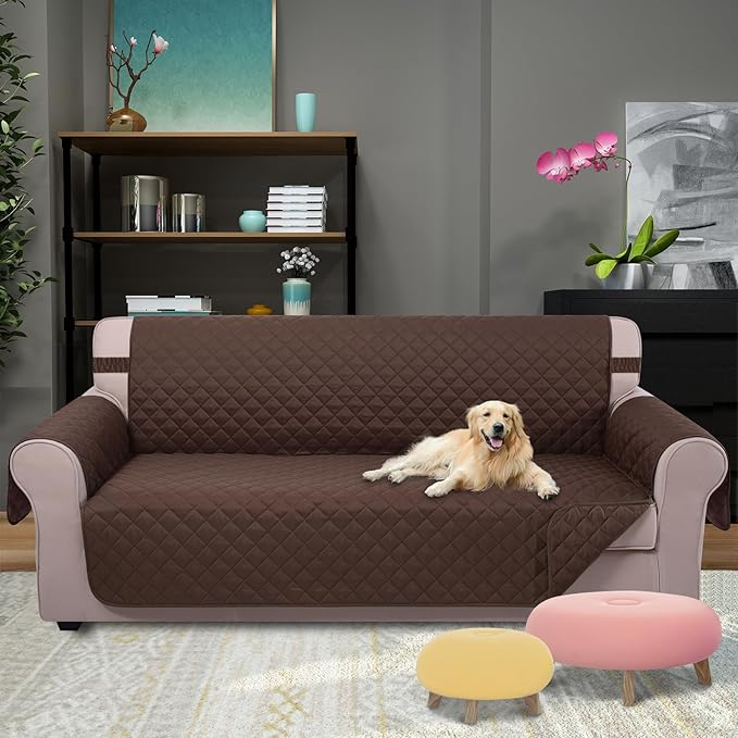 U-NICE HOME 4 Seater Sofa Cover 91 Inch Large Couch Covers for 4 Cushion Couch with Elastic Straps Water Resistant Furniture Protector Cover for Pets Cat (Sofa XX-Large, Chocolate/Chocolate)