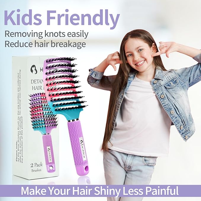 Boar Bristle Hair Brush Set of 2, HIPPIH Wet & Dry Hair Brushes Made by Fine Natural Boar Hair Can Adds Shine and Smoothing, Detangling Hairbrush for Women, Men & Kids' Long Curly Thick Hair