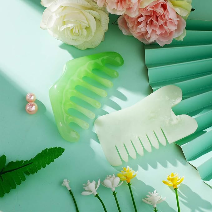 Geiserailie 2 Pcs Jade Combs Esthetician Supplies Massage Stone Hair Gua Sha Scraping Scalp Comb Facial Massage Tool Handheld Head Tools Head Caring Therapy Valentines for Women(Mixed Style)