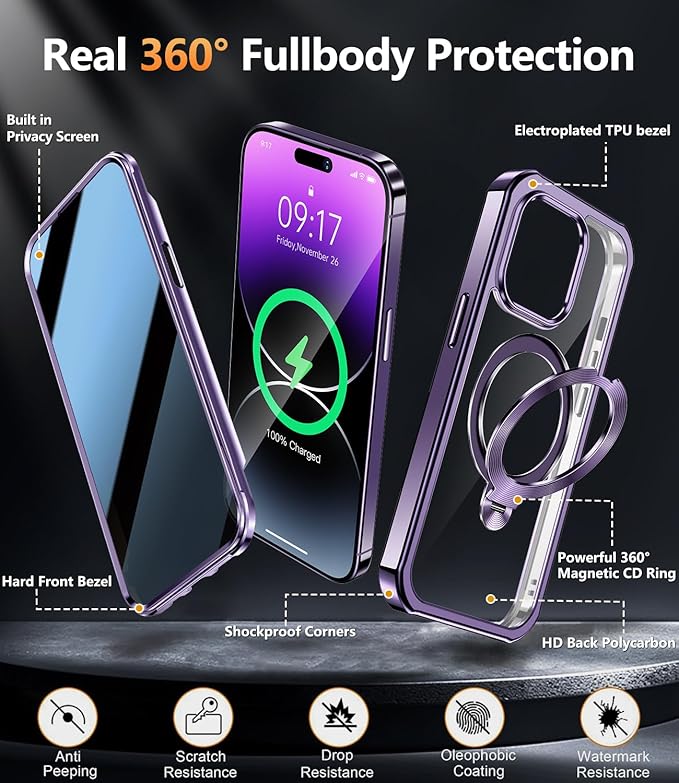 [360° Rotatable CD Stand & Built-in Privacy Screen] Magnetic Case for iPhone 14 Pro Max[Compatible with MagSafe&Full Signal]Mil-Grade Shockproof Full body Anti-Spy Cover for 14 Pro Max-Purple