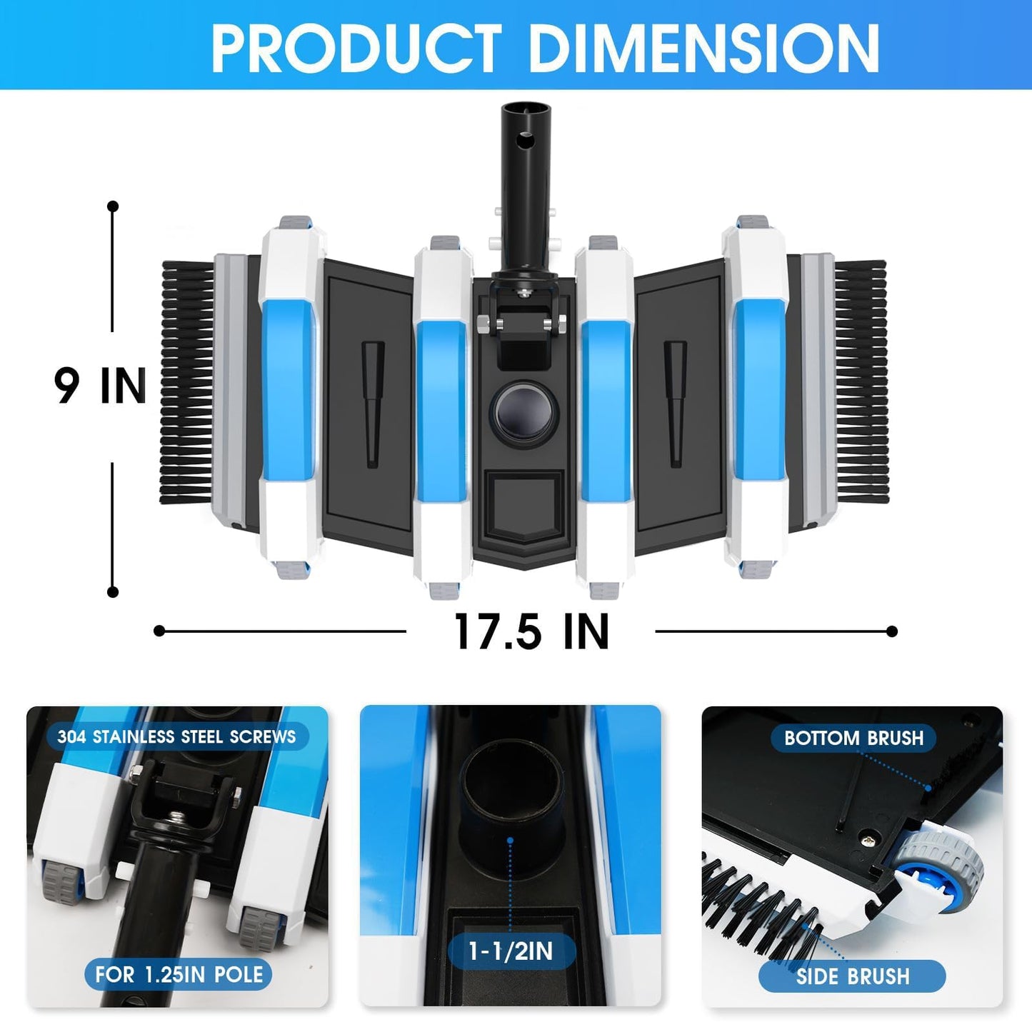 Enhanced Pool Vacuum Head with Direction-Control Handle - 17.5in Extra-Wide 4LB Professional Weighted Vac Heads Brush & Wheels -Deep Clean for Vinyl Liner,Inground & Above Ground Swimming Pool - Blue