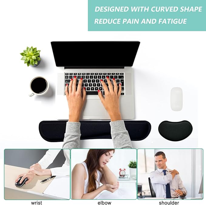 Keyboard Wrist Rest Mouse Wrist Support Set, Memory Foam Wrist Rest Pad for Computer Laptop Keyboard Mouse, Ergonomic Wrist Cushion Support for Typing Pain Relief, Gaming Home Office, Black