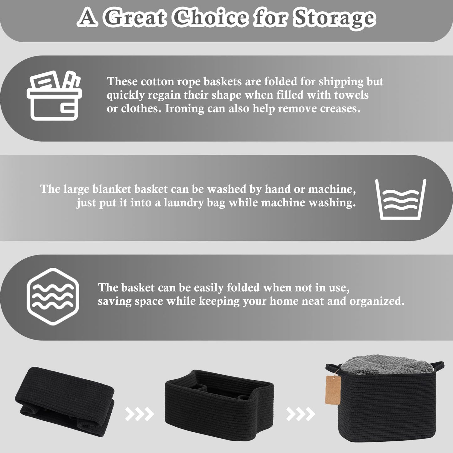 Goodpick Black Storage Basket for Shelves, Woven Baskets for Storage, Toy Baskets Storage Kids, Towel Basket with Handles for Living Room, Bathroom, 13 x 10 x 9 Inches