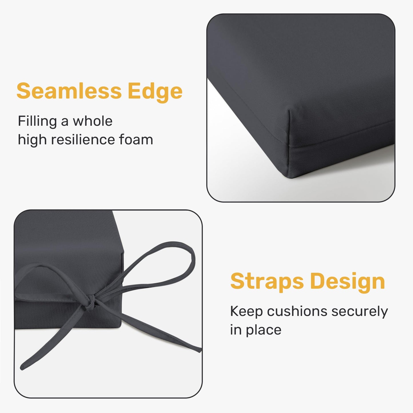 UNIKOME Outdoor Chair Cushions Pack of 4, Water Resistant Patio Cushions with Ties, High Density Sponge Filling Square Corner Seat Cushions for Outdoor Furniture, 18.5"*16"*3", Grey