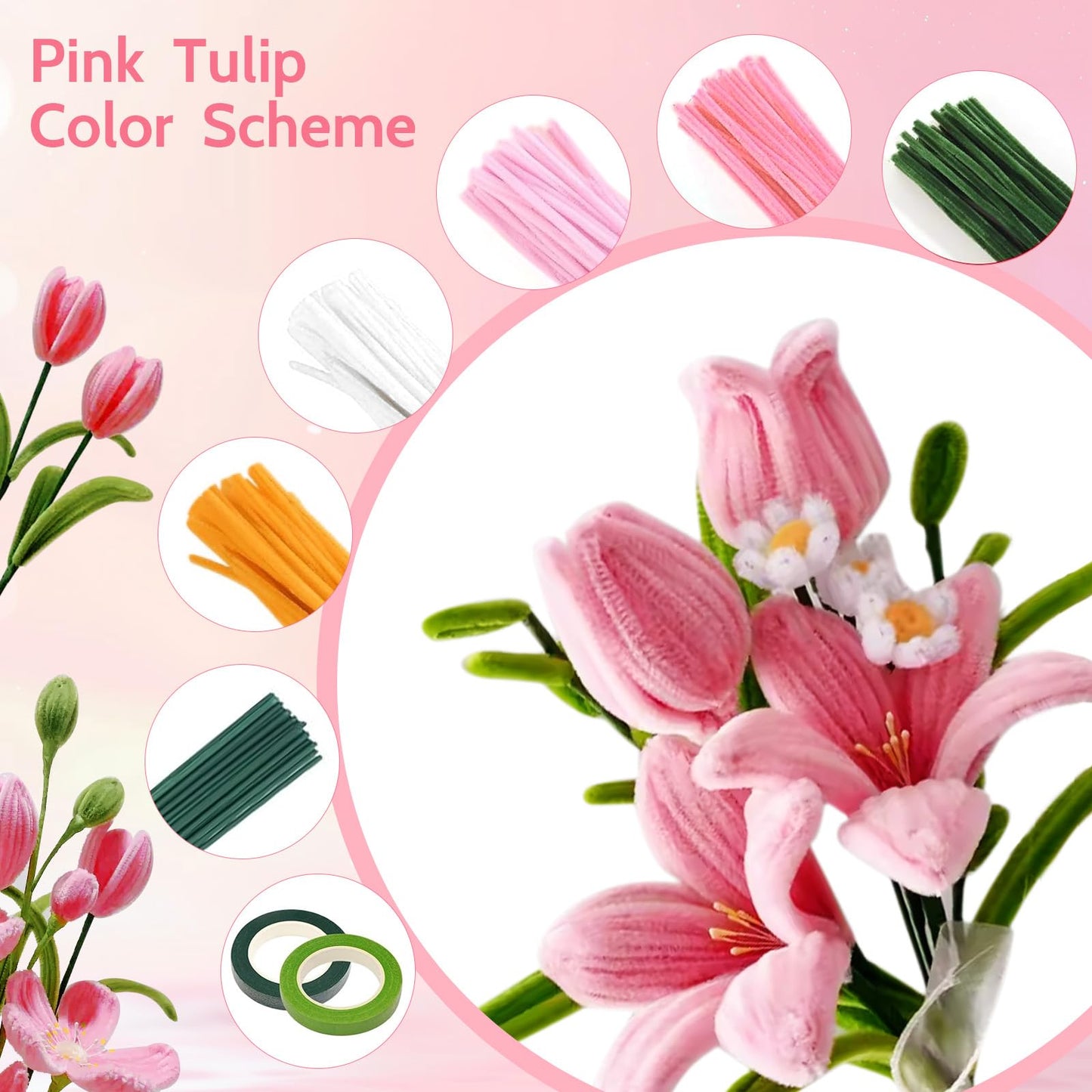 800 PCS Pipe Cleaners Craft, Pipe Cleaners Flowers Kit with Handle, 13 Colors Chenille Stems with Instruction, Art and Craft Supplies