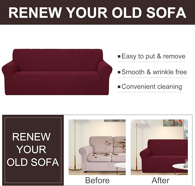 U-NICE HOME Stretch Couch Cover Sofa Cover Washable Sofa Slipcover Furniture Protector for 3 Cushion Couch Sofa Pet Friendly(Sofa, Burgundy)