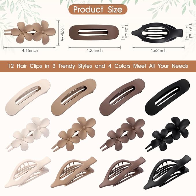 12 PCS Flat Hair Clips - 3 Styles Matte Flat Claw Clips Set Duckbill Barrettes for Women, No-Slip Strong Hold for Thin and Thick Hair, Hair Accessories for Girls Gift (Brown)