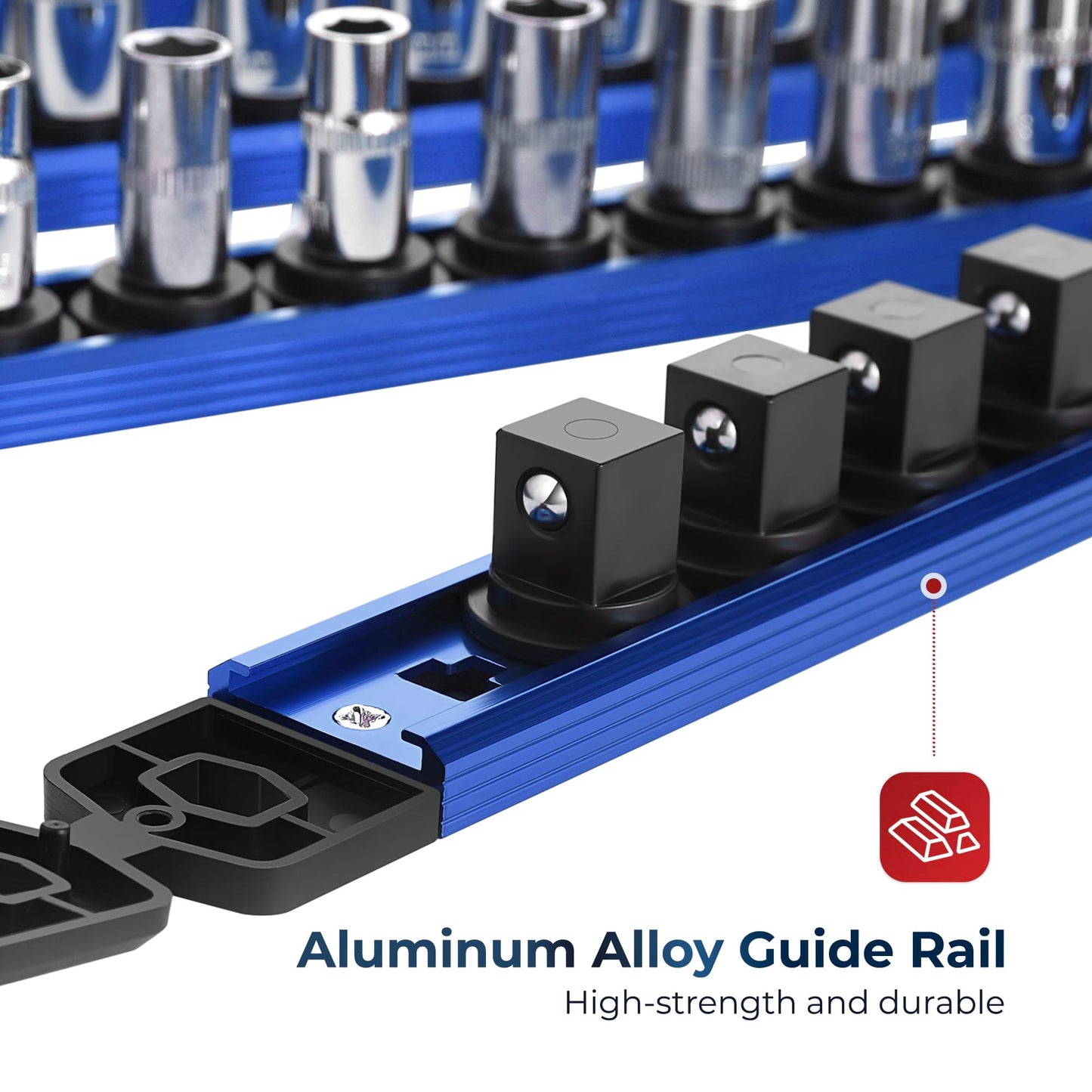 Reniteco Magnetic Socket Organizer Set, 6PC 1/2" 3/8" 1/4" Drive Aluminum Alloy Socket Holder with 80PC 360° Swivel Removable Clips, Magnetic Socket Rail for Tool Box Drawer, Red&Blue