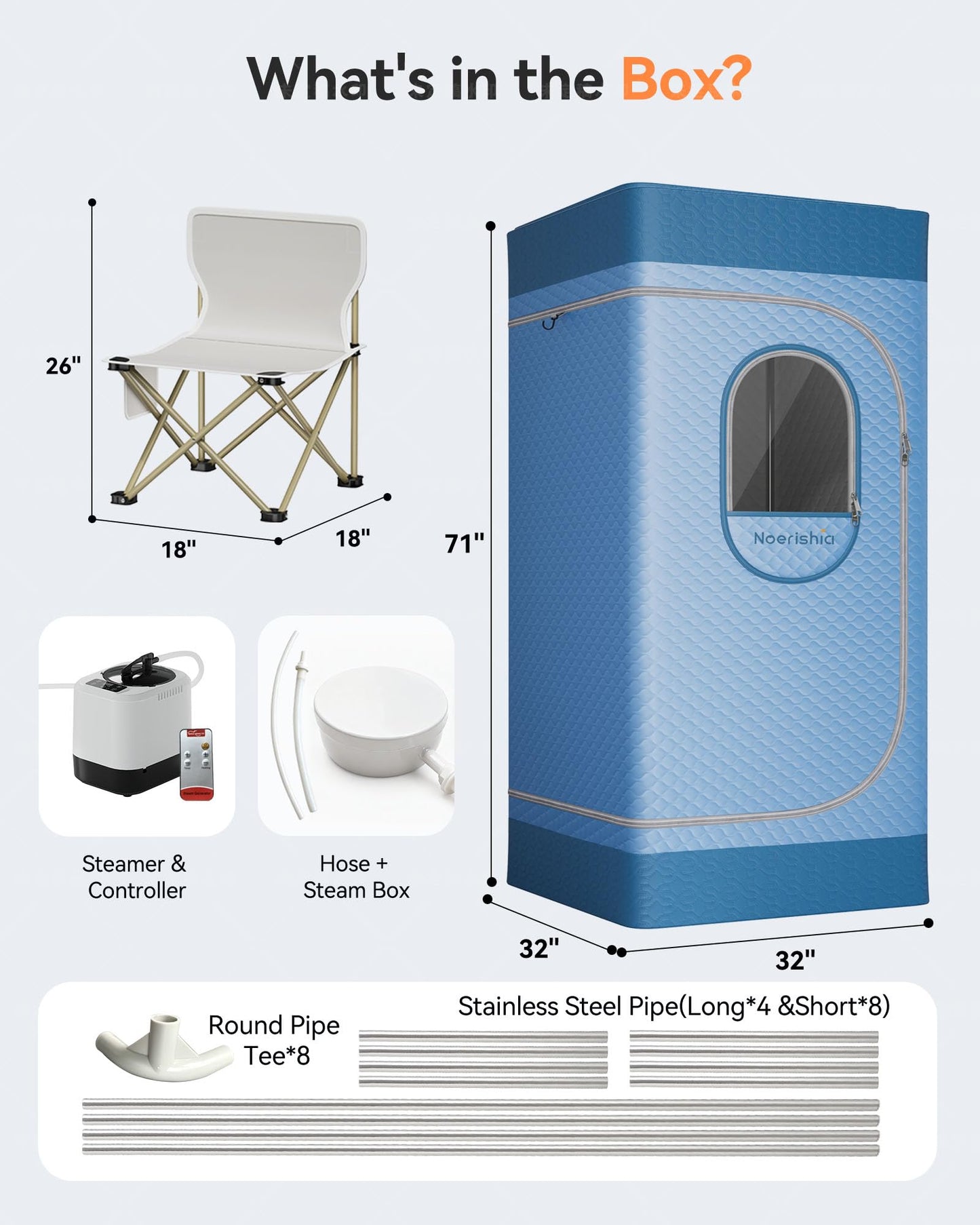 noerishia Portable Sauna for Home with 3L 1200W Steamer, Big Folding Chair, 99 Mins Timer, 9 Levels, Pernoanl Steam Sauna Tent Dual YKK Zippers for Home Spa Detoxification, 32' x32' x 71', Light Blue