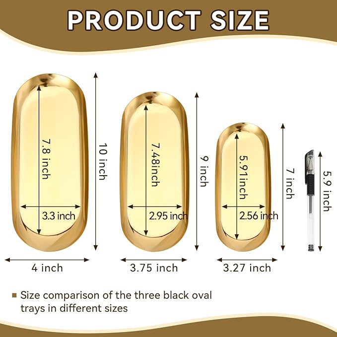 2 Pack Gold Decorative Tray,Oval Stainless Steel Trays, Decorative Tray for Jewelry Dish Cosmetics Organizer Bathroom Clutter Serving Platter (Gold, 7 in)