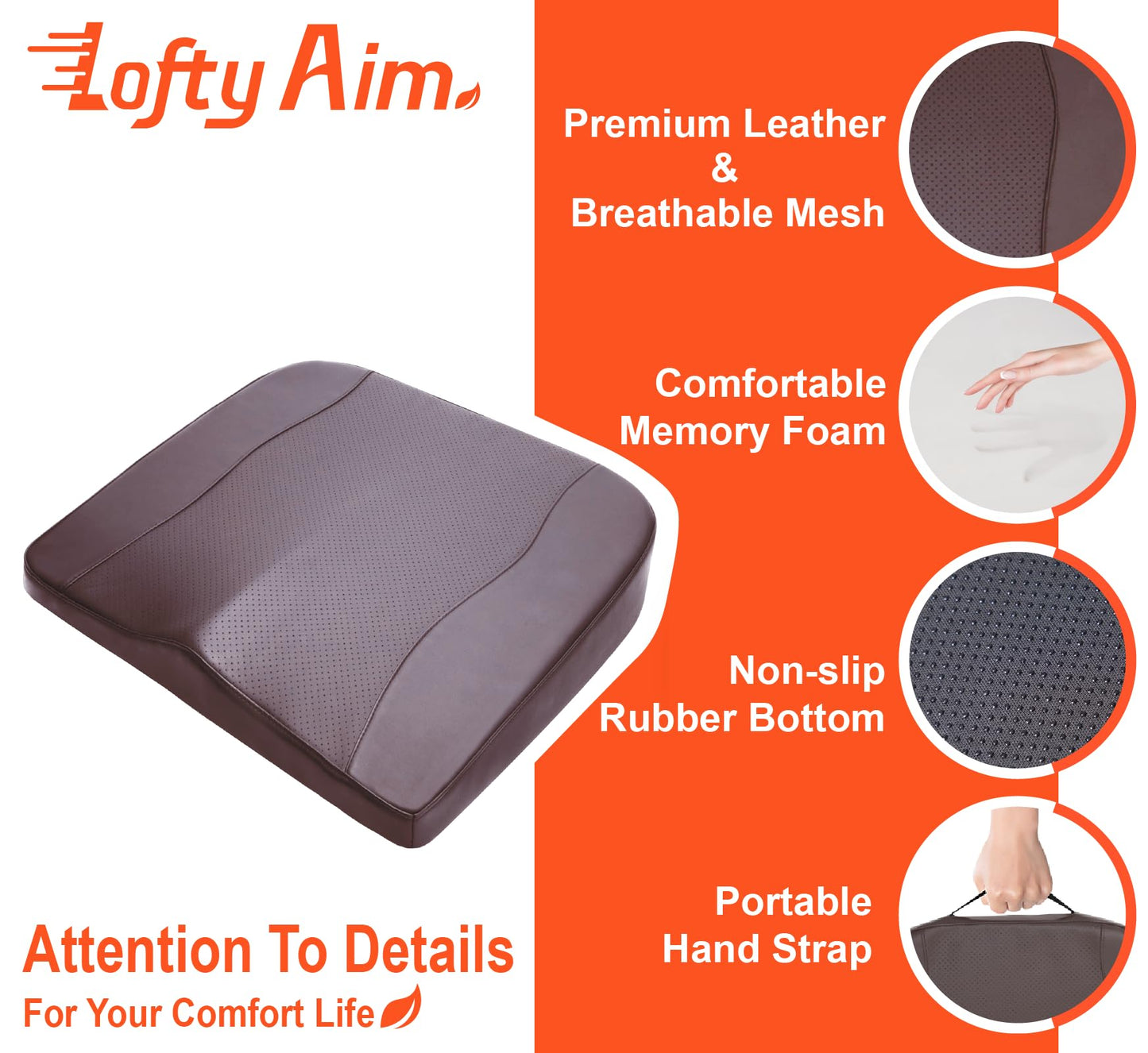 Lofty Aim Car Seat Cushion, Comfort Memory Foam Car Cushions for Driving - Sciatica & Lower Back Pain Relief, Driver Seat Pillow for Auto, Office Chair, Wheelchair - Classic Brown