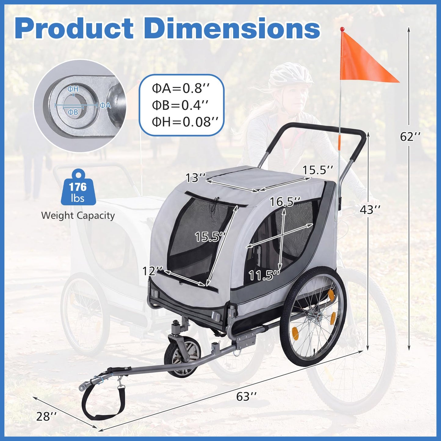 Giantex 2-in-1 Dog Bike Trailer & Pet Stroller for Large Dogs – Foldable Pet Carrier Cart with Front Caster & 2 Air-Filled Tires, Breathable Mesh, PVC Rain Cover, 176 lbs Capacity (Light Gray)