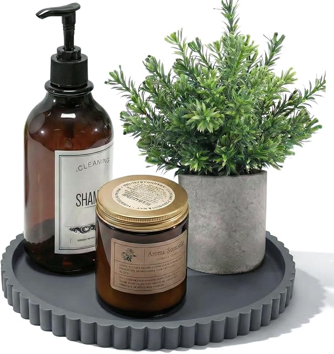 Silicone Bathroom Vanity Tray, Modern Round Decorative Tray for Countertop, Waterproof & Unbreakable Cosmetic Perfume Organizer, Extra-Thick & Sturdy, Easy to Clean Candle Tray (9 inch, Dark Grey)