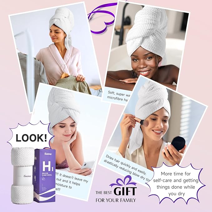 Umisleep Extra Large Microfiber Hair Towel for Women Long, Curly, Thick Hair, Super Soft Anti Frizz Quick Dry Hair Towel Wrap, Ultra Absorbent Hair Turban with Elastic Band White
