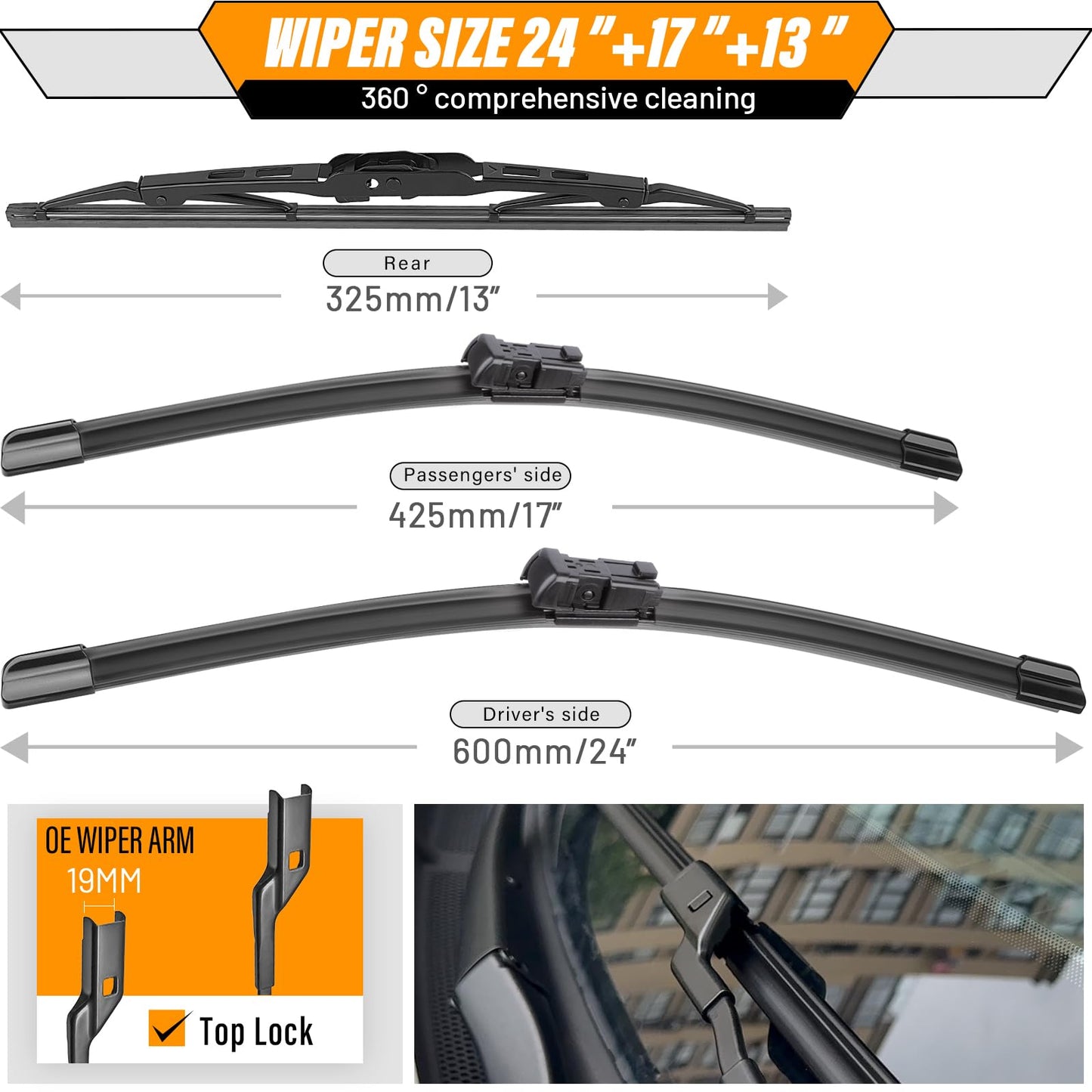 OEM Windshield Wiper Blade Replacement for GMC Terrain Chevy Equinox 2010-2017 Original Equipment Wiper Blade Set- 24+17+13 (Set of 3) 1 Year Warranty