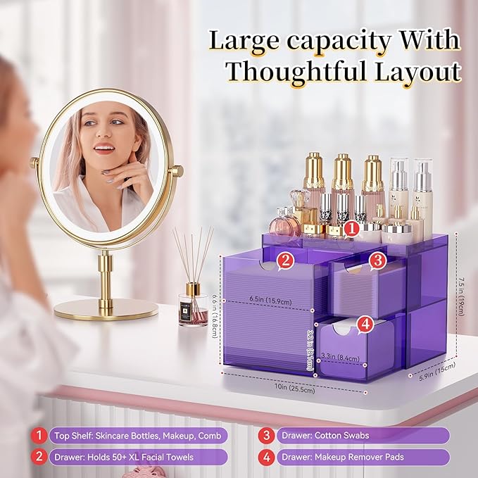 Youdepot Purple Acrylic Face Towel Holder with 3 Drawers, Disposable Face Towel Organizer for XL Facial Towels, Cotton Pads, Swabs, Skincare Tools, Bathroom Vanity Countertop Storage Box.