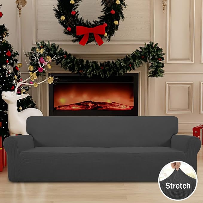 Easy-Going Stretch 4 Seater Sofa Slipcover 1-Piece Sofa Cover Furniture Protector Couch Soft with Elastic Bottom for Kids, Polyester Spandex Jacquard Fabric Small Checks Dark Gray