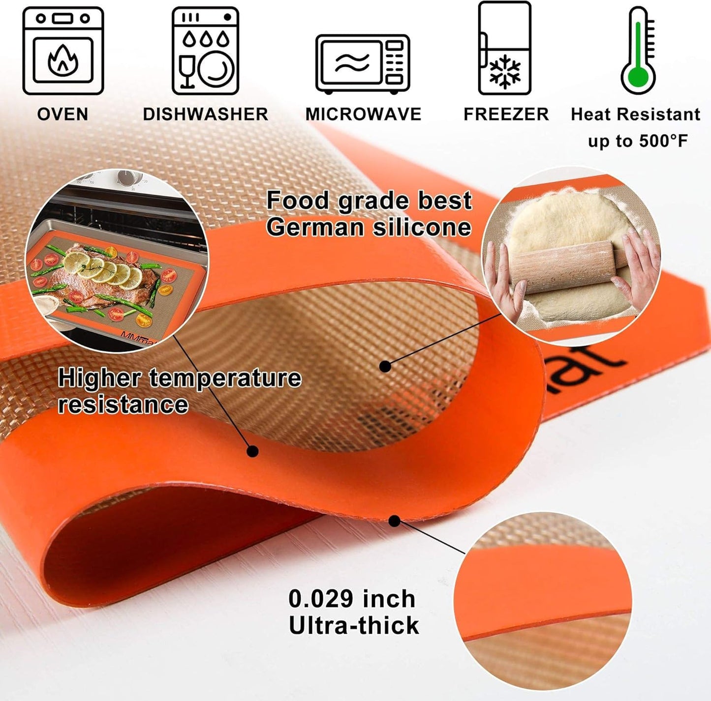 MMmat Silicone Baking Mat - Best German Silicone - Non Slip Silicone Baking Sheet, Non Stick Reusable Silicone Mats for Baking, Oven Liner, Counter Mat - 2 Medium-Sheet Size
