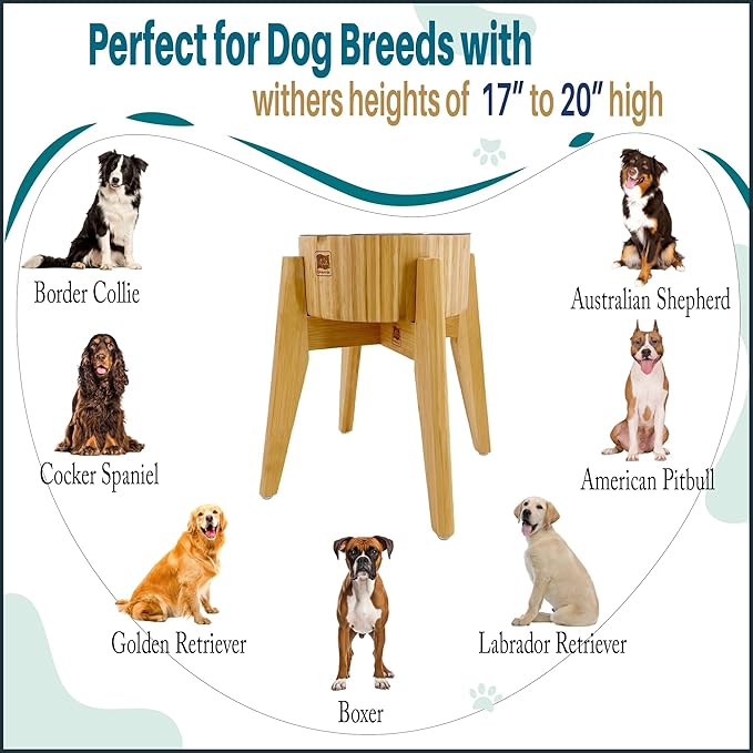 Elevated Dog Bowl with Slow Feeder Insert - (12-inch High) Ideal for Large Dogs - Suitable for Wet or Dry Dog Foods, Stainless Steel and Bamboo