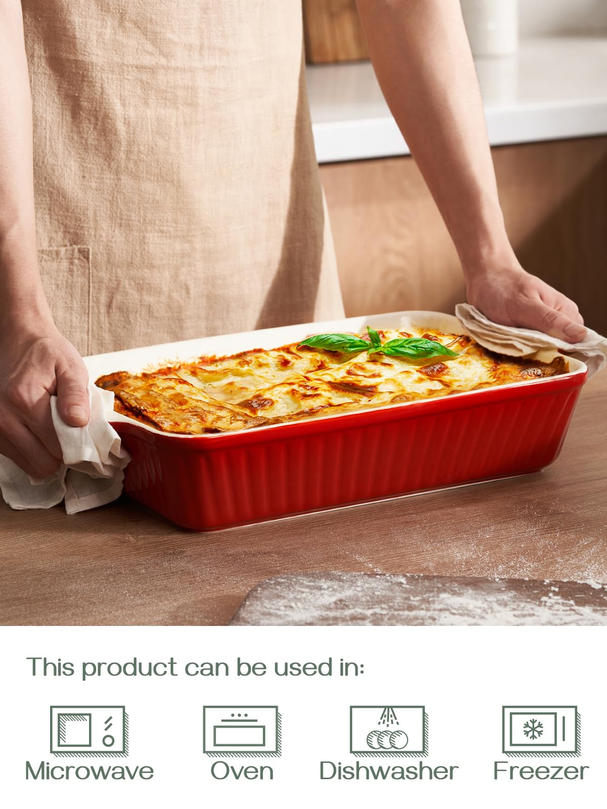 DOWAN 9x13-inch Deep Casserole Baking Dish for Lasagna, 135 oz Ceramic Pan with Handles, Oven Safe for Baking and Home Decor, Red