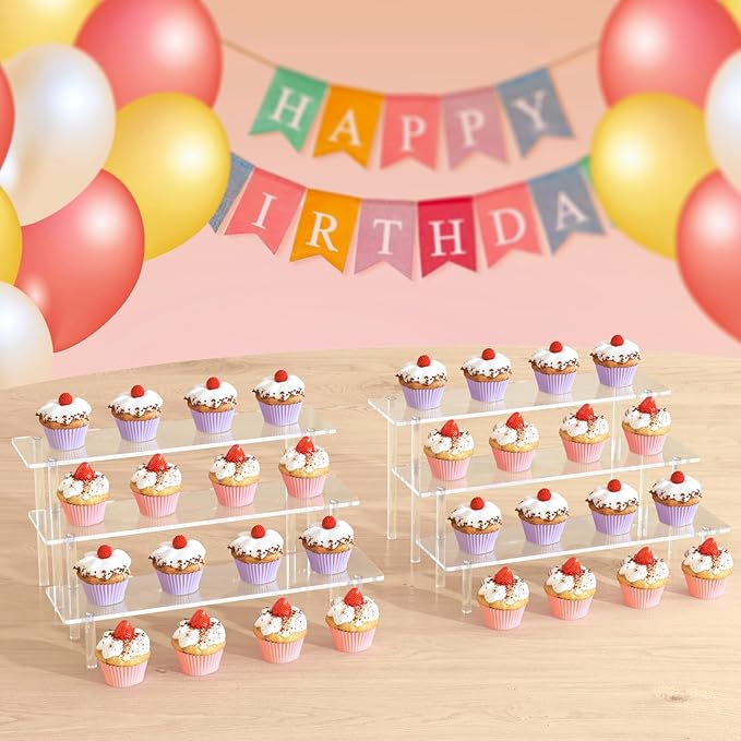 3 Tier Acrylic Display Risers, Large Perfume Organizer Stand, Clear Cupcake Stand Holder, Display Shelves for Figurines, Dessert Shelf for Party, Risers Display Stand for Decoration (2 Pack)